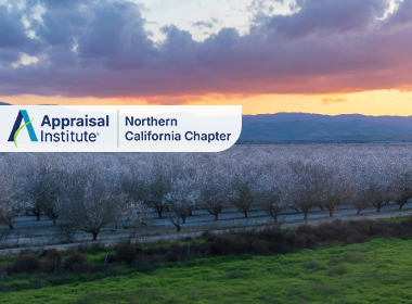This image features a scenic view of blooming almond orchards in Northern California with the Appraisal Institute Northern California Chapter Logo