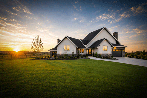 A vast grassland with a residential house in the gloaming lighted sky.