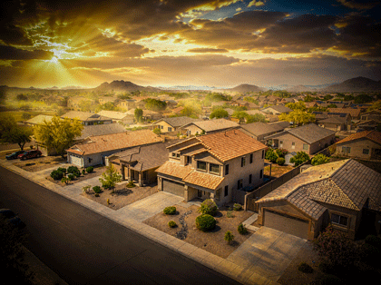 A neighborhood subdivision at daybreak.