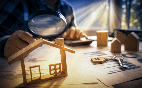 Real estate or House Appraisal using magnifying glass over the model of a wooden house. Concept of House Search for housing and apartments.