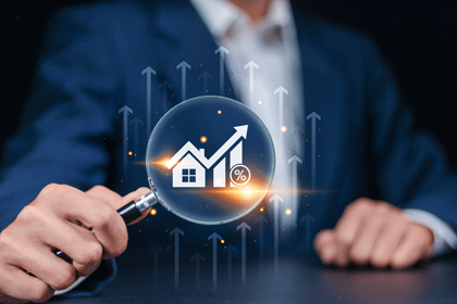 Real estate investment concept. Businessman analyzing mortgage loan home and insurance real property mortgage. interest rate, Investment planning.