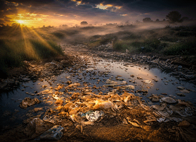 Plastic bags floating in leachate at base of hazardous landfill site.