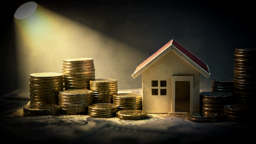 Real estate or property investment. Home mortgage loan rate. Saving money for retirement concept. Coin stack on international banknotes with house model on table. Business growth background.