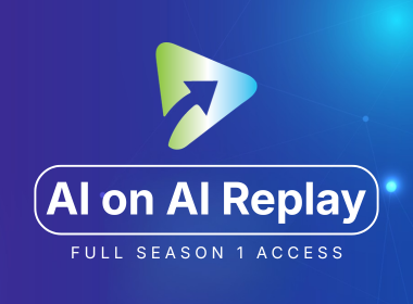 AI on AI Replay: Full Season 1 Access promotional graphic featuring a play button icon on a blue and purple gradient background.