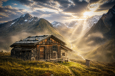 A rural cabin in a vast mountain valley.