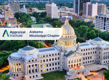 image displays the Mississippi State Capitol building in Jackson, Mississippi with the Appraisal Institute Alabama Mississippi Chapter Logo