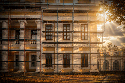 Scaffolding on an old tenement house, renovated historical building facade detail, closeup, nobody. Restoration industry, old architecture, real estate renovation simple concept, no people.