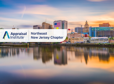 This image features the evening skyline of Newark, New Jersey, beautifully reflected in the calm waters of the Passaic River with the Appraisal Institute Northeast New Jersey Chapter Logo