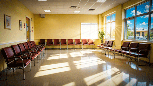 The waiting room of a medical clinic. Chairs line the walls, sunlight stream in from the open windows, with light spilling into the room.