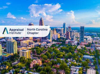 Charlotte, North Carolina, highlighting the city's prominent Uptown commercial district with the Appraisal Institute North Carolina Chapter Logo