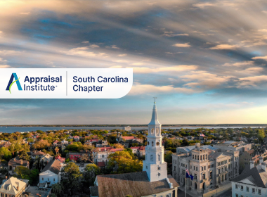 The image features an aerial view of downtown Charleston, South Carolina, highlighting the historic steeple of St. Michael's Church with the Appraisal Institute Alaska Chapter Logo