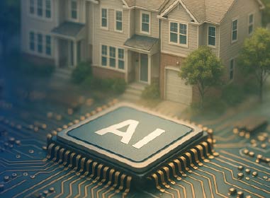 Computer chip with letters AI on a motherboard with a house in the background, reflecting the impact of artificial intelligence on real estate appraisal.
