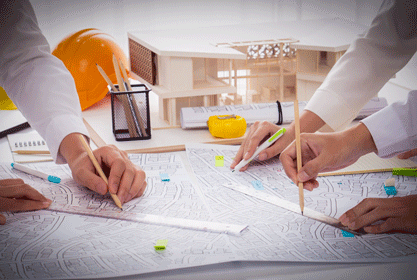 Worker, architect and engineer work on real estate construction project oratory