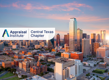 This image displays an aerial view of the Dallas, Texas skyline, featuring the distinctive Reunion Tower with the Appraisal Institute Central Texas Chapter Logo