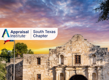The image shows The Alamo, a historic Spanish mission and fortress located in downtown San Antonio, Texas with the Appraisal Institute Alaska Chapter Logo