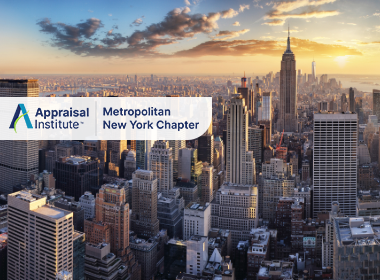This image shows an aerial view of the Midtown Manhattan skyline in New York City, featuring the prominent Empire State Building at the center with the Appraisal Institute Metropolitan New York Chapte