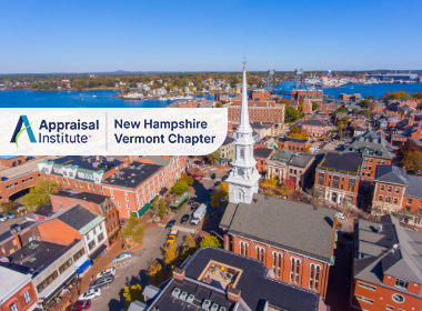 This aerial view captures Market Square in historic Portsmouth, New Hampshire, looking toward the Piscataqua River with the Appraisal Institute New Hampshire - Vermont Chapter Logo