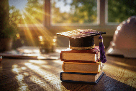 Education study. Back to school and graduation cap on books stack, Success of Global business study abroad educational. 