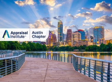 This image shows the Austin skyline viewed from the boardwalk trail at Lady Bird Lake. The photo prominently features a branded overlay for the Appraisal Institute's Austin Chapter.