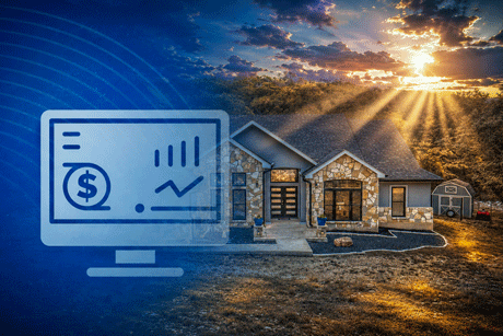 Scenic setting of a house in the gloaming with a computer icon displaying a cost graphic on the left.
