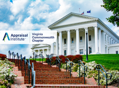 The building in the image is the Virginia State Capitol located in Richmond, Virginia with the Appraisal Institute Virginia Commonwealth Chapter Logo
