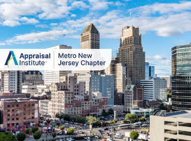 The image displays the downtown skyline of Newark, New Jersey, featuring prominent historic and modern high-rises with the Appraisal Institute Metro New Jersey Chapter Logo