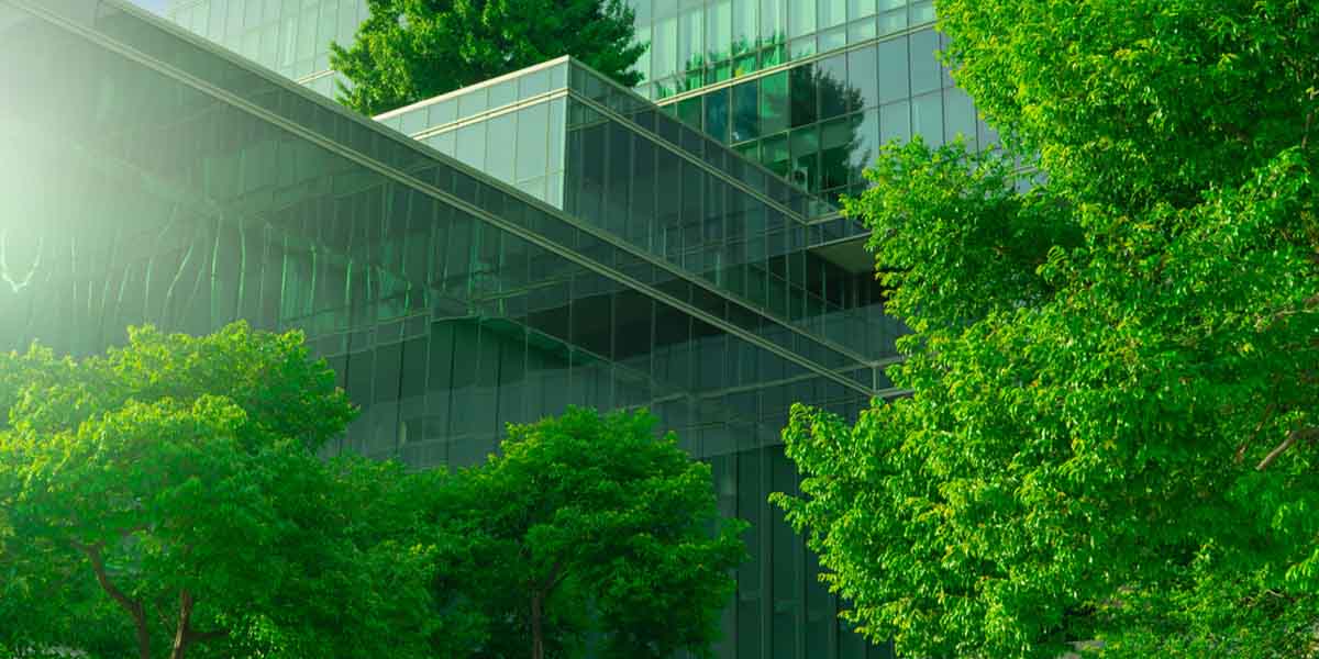 Green building with trees
