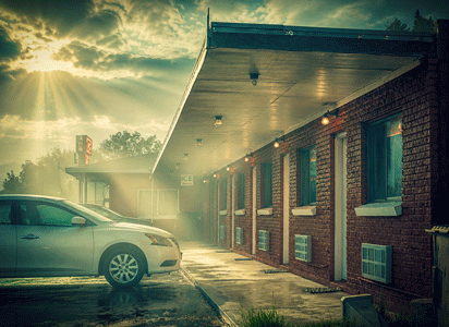USA roadside motel at dawn. Historic American car travel routes.