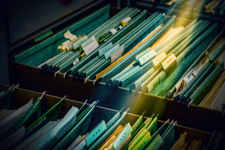 File folders in a filing cabinet.