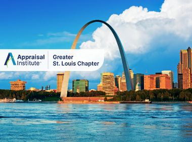 This image features the St. Louis skyline prominently displaying the iconic Gateway Arch with the Appraisal Institute Greater St. Louis Chapter Logo