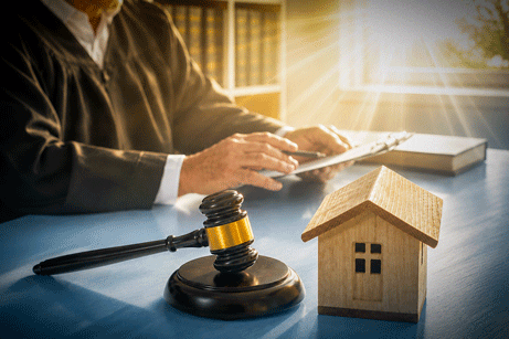 Brown gavel on sound block and small wooden house model on judge's table in courtroom during court hearing. Concept of real estate law, partition of property, separation of estates, divorce settlement