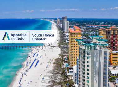 The image shows an aerial view of the Aqua Beach Resort located along the coastline of Panama City Beach, Florida with the Appraisal Institute Alaska Chapter Logo