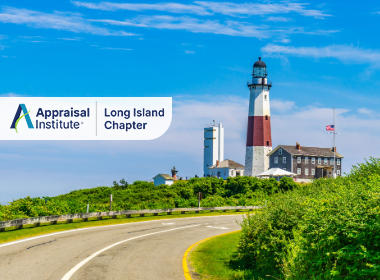 This image features the iconic Montauk Point Lighthouse on Long Island, NY, known for its historic white tower with a distinct red stripe with the Appraisal Institute Long Island Chapter Logo