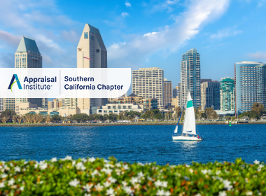 The image features the downtown San Diego skyline in California, viewed across the bay with a sailboat in the foreground with the Appraisal Institute Southern California Chapter Logo