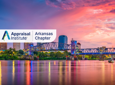 The image features the downtown skyline and riverfront of Little Rock, Arkansas, viewed across the Arkansas River with the Appraisal Institute Arkansas Chapter Logo