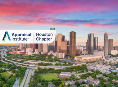 This image depicts the downtown skyline of Houston, Texas, featuring iconic skyscrapers like the JPMorgan Chase Tower and Wells Fargo Plaza with the Appraisal Institute Houston Chapter Logo