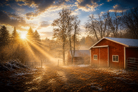 Rural landscape with red barns, trees and road covered by fresh snow. Scenic winter view at Wisconsin, Midwest USA, Madison area.