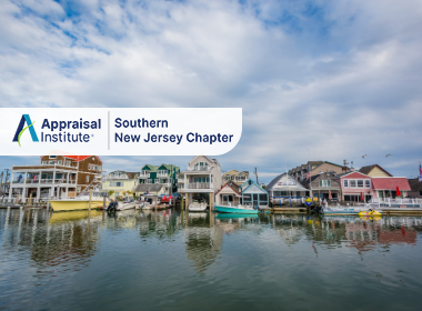 The image shows a scenic view along Cape May Harbor in Cape May, New Jersey with the Appraisal Institute Southern New Jersey Chapter Logo