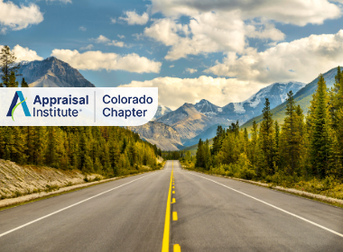 This image features the Rocky Mountains in Colorado, specifically showing a scenic road winding through the landscape. with the Appraisal Institute Colorado Chapter Logo