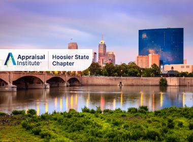 The image displays the Indianapolis skyline as seen from across the river, featuring prominently the JW Marriott Indianapolis with the Appraisal Institute Hoosier Chapter Logo