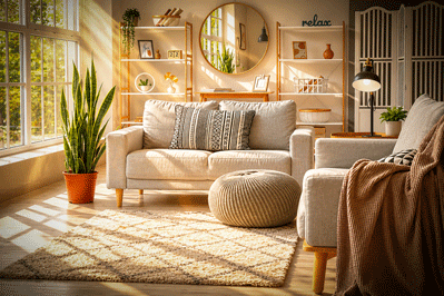 Studio apartment with light coming in from a window.