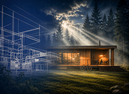 A blueprint fading into a green sustainable residential house surrounded by a forest in the early twilight.