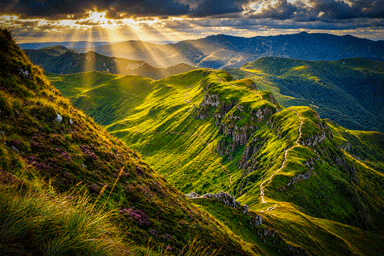 Scenic view of mountain ridges and a vast landscape against a backdrop of dramatic sky with rays of sunlight breaking through the dark clouds.