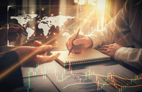 Two businessmen are negotiating an international trade deal for a business deal, a business analysis, a modern technology concept.