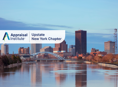 This image features the downtown skyline of Rochester, New York, viewed from along the Genesee River with the Appraisal Institute Upstate New York Chapter Logo